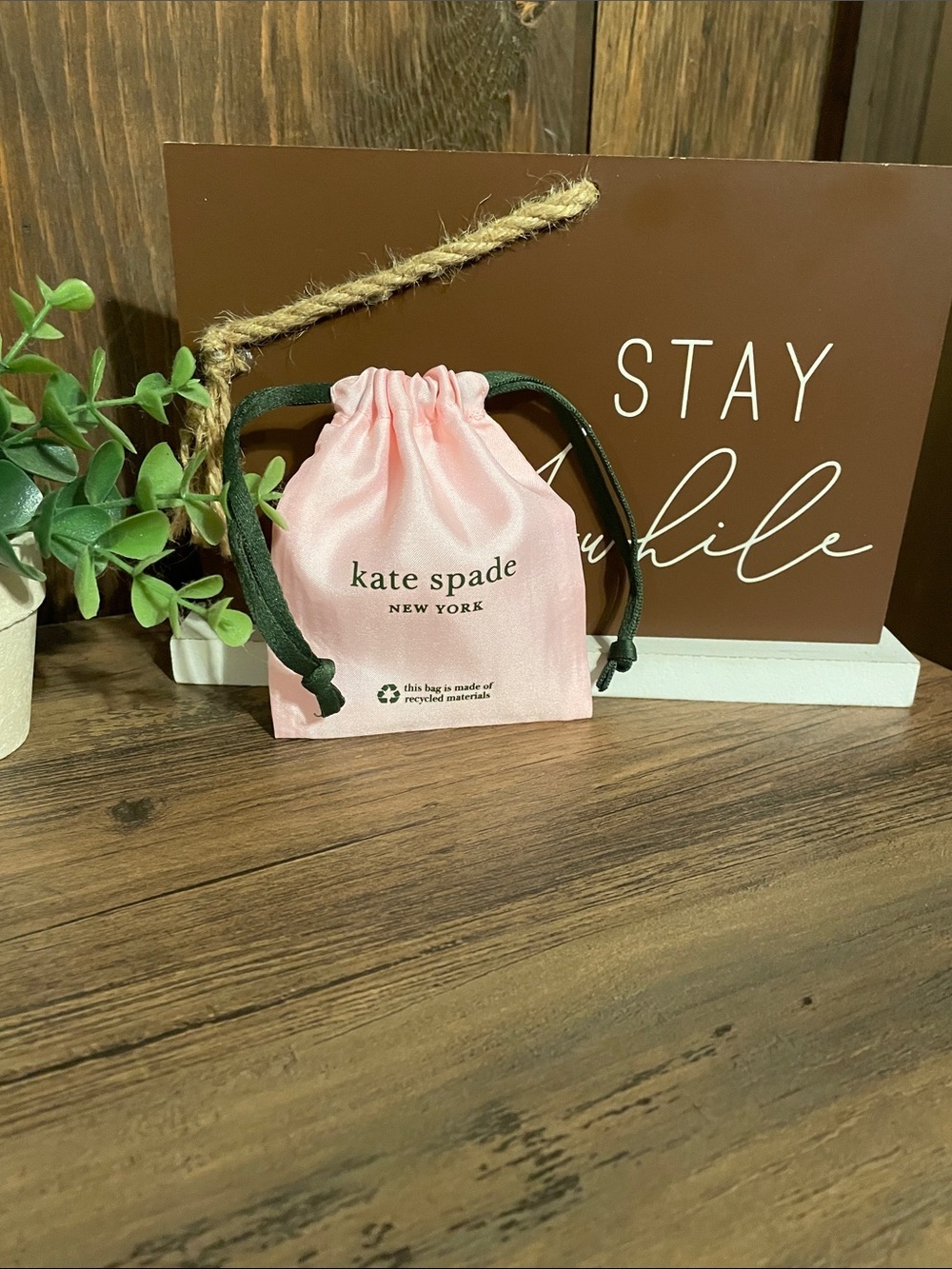Kate Spade Pink Mini dust Drawstring Jewelry Pouch with Dark Green cord
